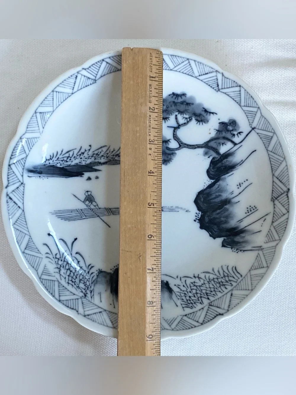 Vtg Japanese Black White Porcelain Seto Ware Landscape Boat Scalloped Edge Plate